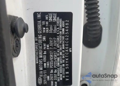 2012 Kia Sorento Base z USA, uszkodzony, nr VIN 5XYKTCA60CG254682